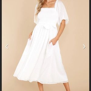 White puff sleeve midi dress